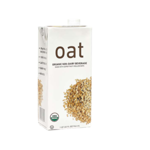 A carton of Kirkland Oat Milk, a dairy-free and vegan-friendly milk alternative.